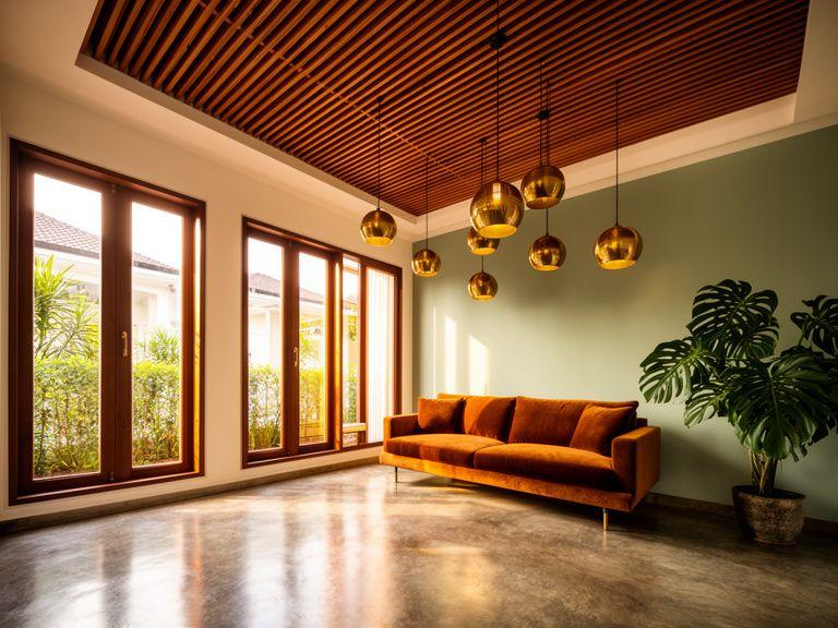 Renovated living room with timber screening and warm pendant lighting